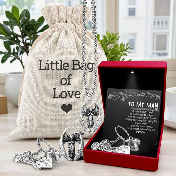 Personalized Motorcycle Gift for Him - “Ride Safe” Keychain with Angel Charm - Custom Message & Gift Box Options - Ragnmm26001