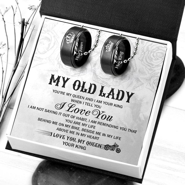 Personalized Couple Pendant Necklaces - Her King His Queen Crown Letter Necklaces - For Biker's Old Lady - Ragnw13001