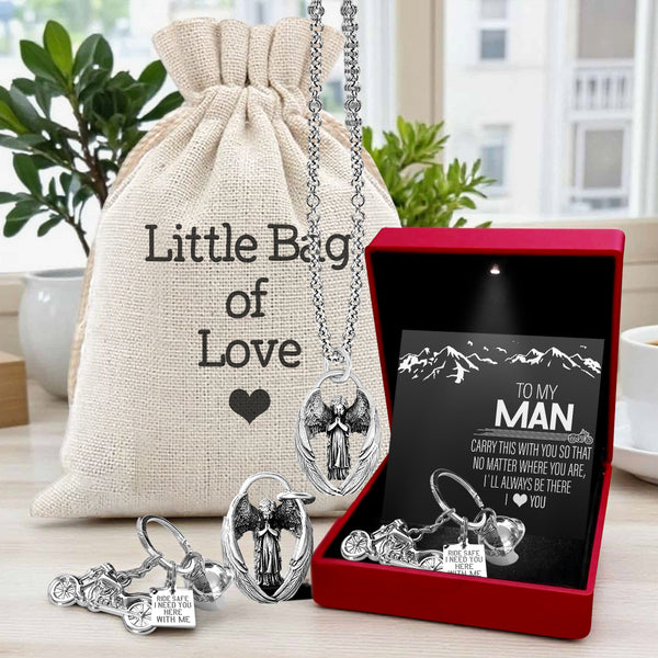 Personalized Motorcycle Gift for Him - “Ride Safe” Keychain with Angel Charm - Custom Message & Gift Box Options - Ragnmm26002