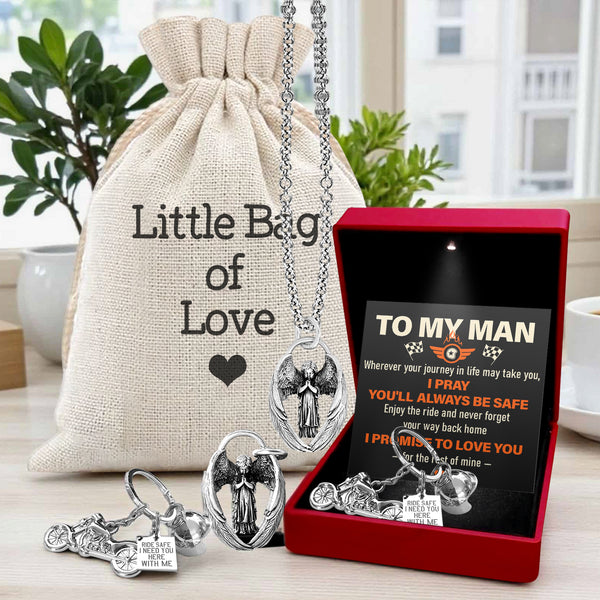 Personalized Motorcycle Gift for Him - “Ride Safe” Keychain with Angel Charm - Custom Message & Gift Box Options - Ragnmm26003